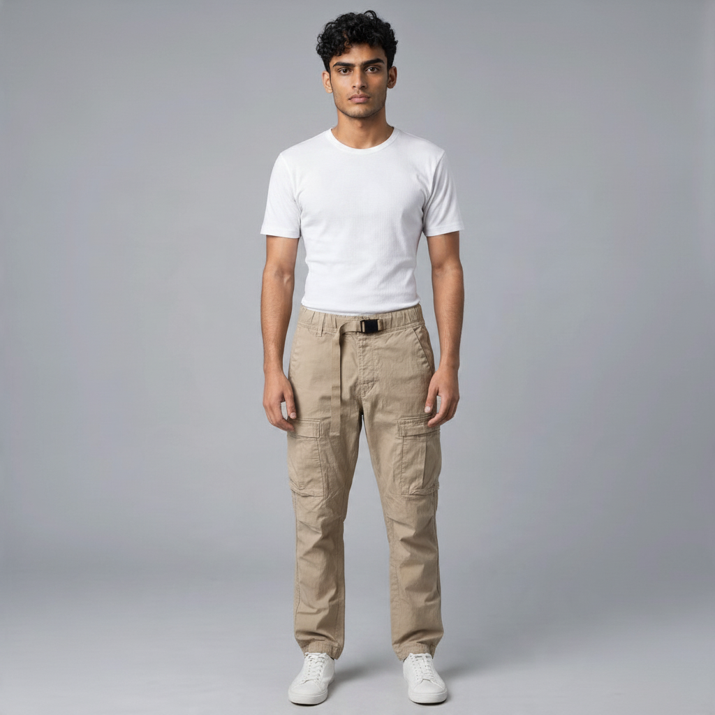 Poolman Cargohose in Beige mit integriertem Gürtel, Klickschnalle und Cargotaschen an einem Model mit weißem T-Shirt