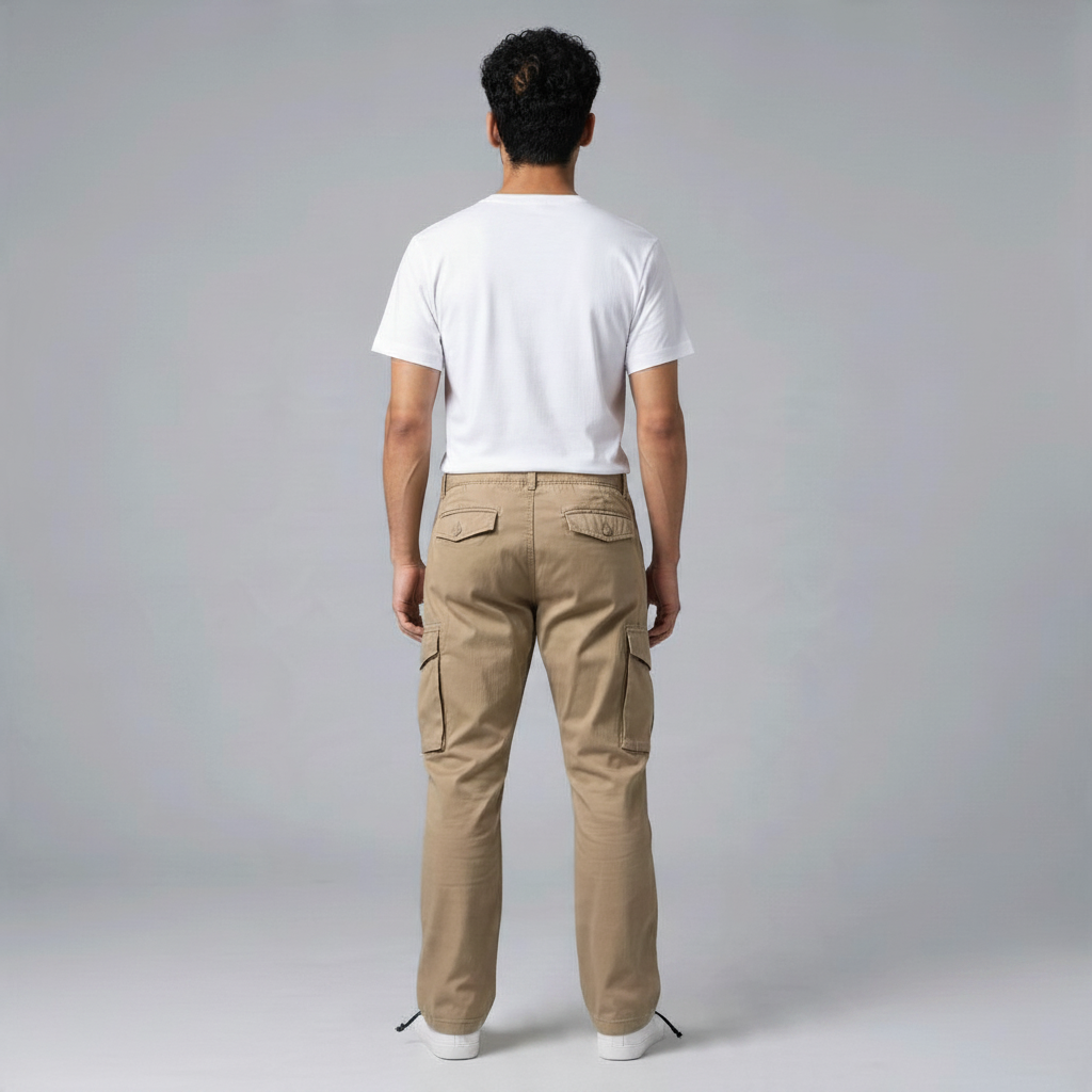 Rückansicht einer beigen Poolman Cargohose mit geradem Bein, Cargotaschen und Kordelstoppern am Saum an einem Model.
