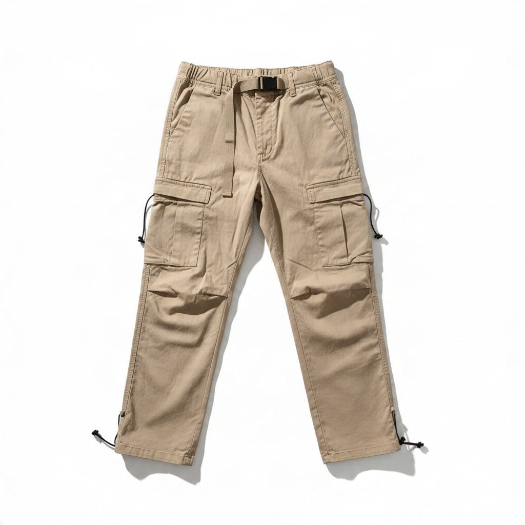 Beige Poolman Cargohose aus Baumwoll-Stretch mit integriertem Gürtel, Kordelstoppern und aufgesetzten Cargotaschen