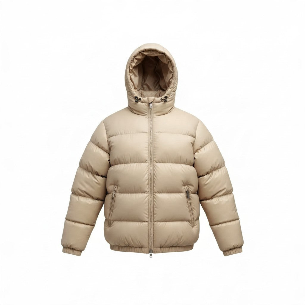 Beige Poolman Glanz-Steppjacke mit Kapuze, breiten Steppkammern und Reißverschlusstaschen aus glänzendem Nylon