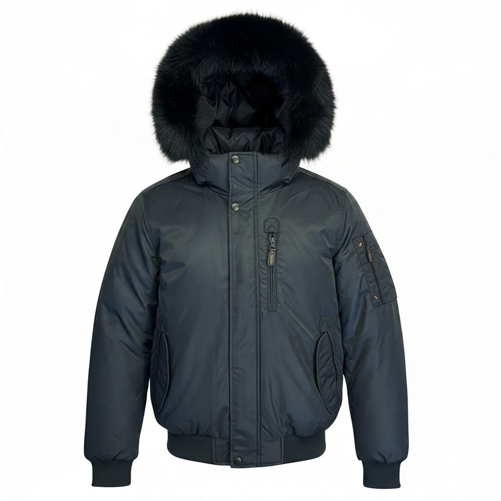 Poolman Bomberjacke in Navy mit Kapuze und großem Fellbesatz, gefütterte Winterjacke mit Rippbündchen und Ärmeltasche