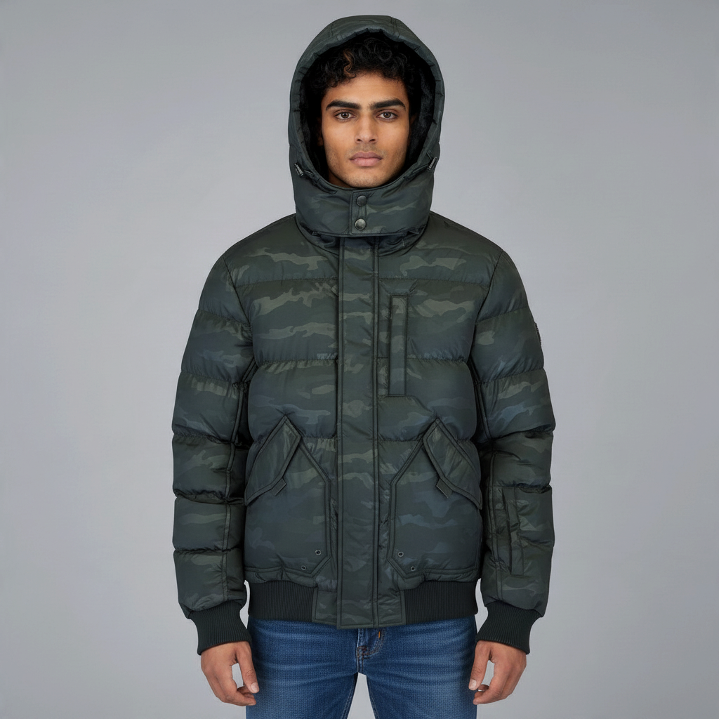 Poolman Steppjacke in Army Camou mit Kapuze, Bomber-Schnitt, Rippbündchen und Brusttasche an einem männlichen Model