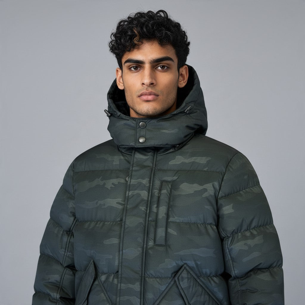 Poolman Steppjacke mit Kapuze in Army Camou mit Camouflage-Muster, Reißverschluss und Brusttasche im Bomber-Schnitt