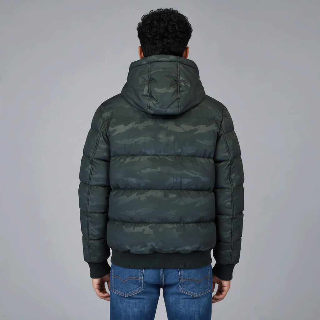 Rückansicht einer gefütterten Poolman Camouflage-Steppjacke mit Kapuze und Rippbündchen in dunklem Army-Camou-Muster
