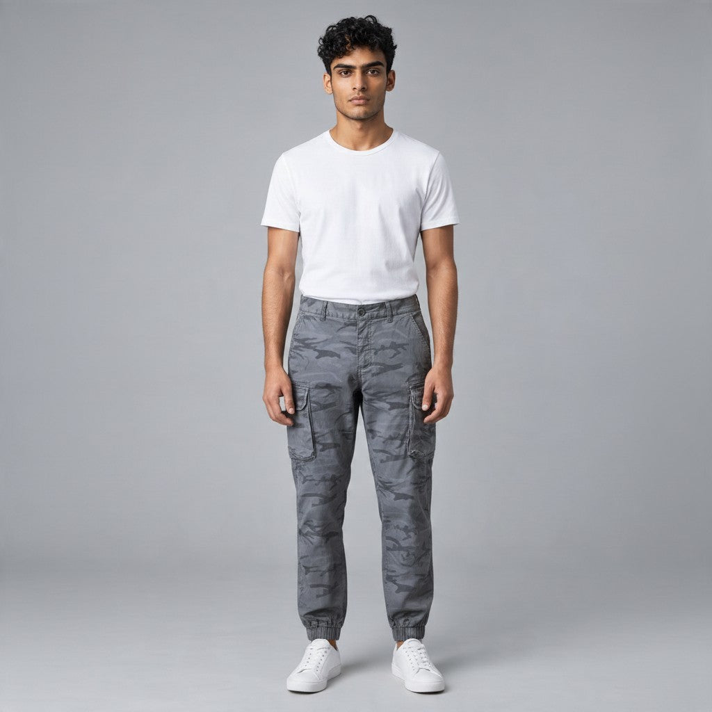 Poolman Cargo Jogger in Anthrazit mit Camouflage-Muster, Cargotaschen und Bündchen an einem Model