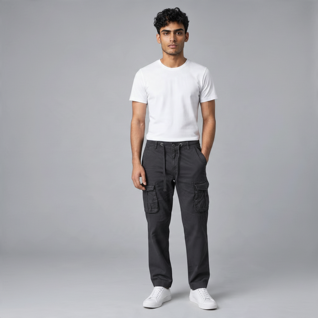 Poolman Cargo Jogger in Schwarz aus Baumwoll-Stretch mit Cargotaschen und Kordelzug, getragen von einem Model