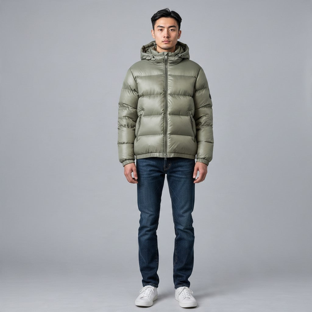 Poolman Glanz-Steppjacke in Army-Grün mit Kapuze und breiten Steppkammern an einem Model
