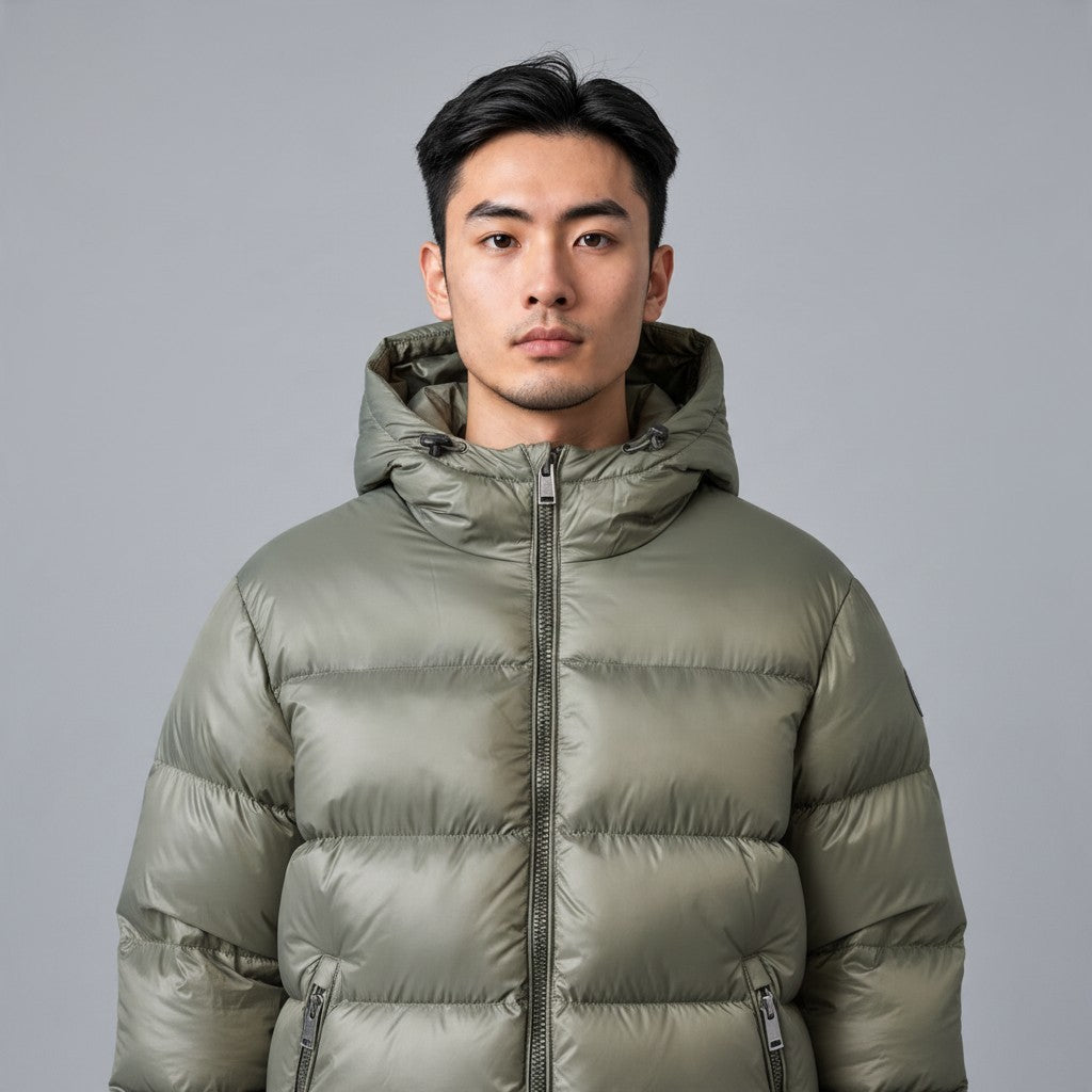 Poolman Glanz-Steppjacke in Army-Grün mit Kapuze, breiten Steppkammern und Reißverschlusstaschen an einem Model