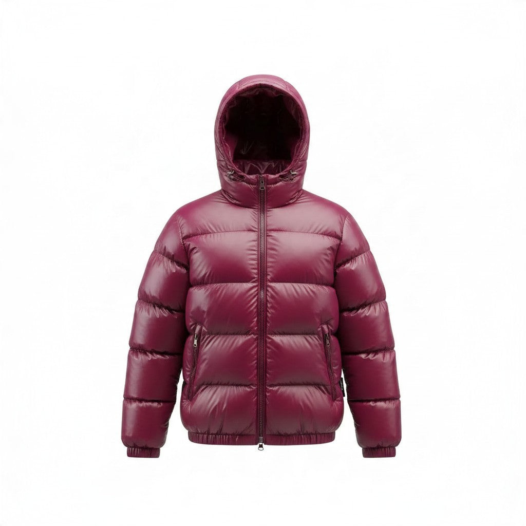 Poolman Glanz-Steppjacke in Weinrot mit Kapuze, breiten Steppkammern und Reißverschlusstaschen im Puffer-Stil