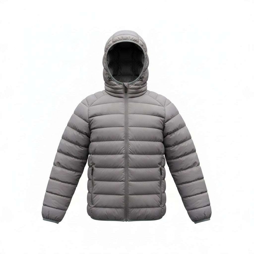Poolman graue, leichte Steppjacke mit Kapuze und glänzender Oberfläche für den Übergang
