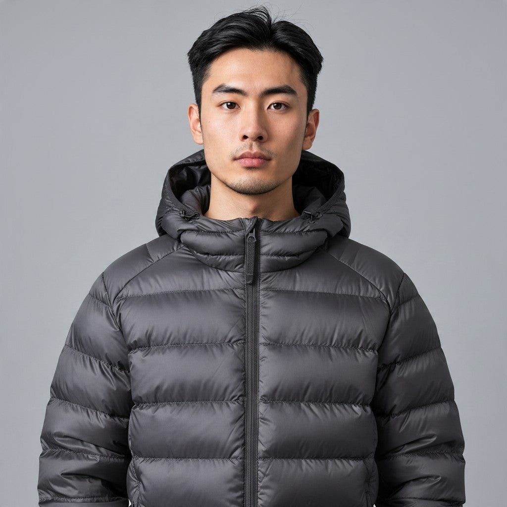 Ein Mann trägt die graue Poolman leichte Steppjacke mit Kapuze, schmaler Steppung und glänzender Oberfläche.