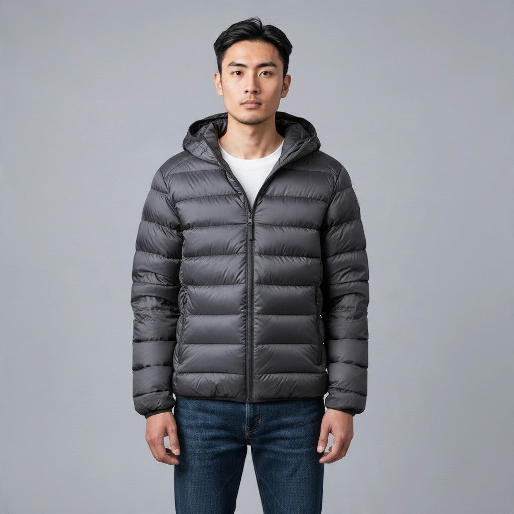 Poolman leichte graue Steppjacke mit Kapuze und glänzender Oberfläche für Herren