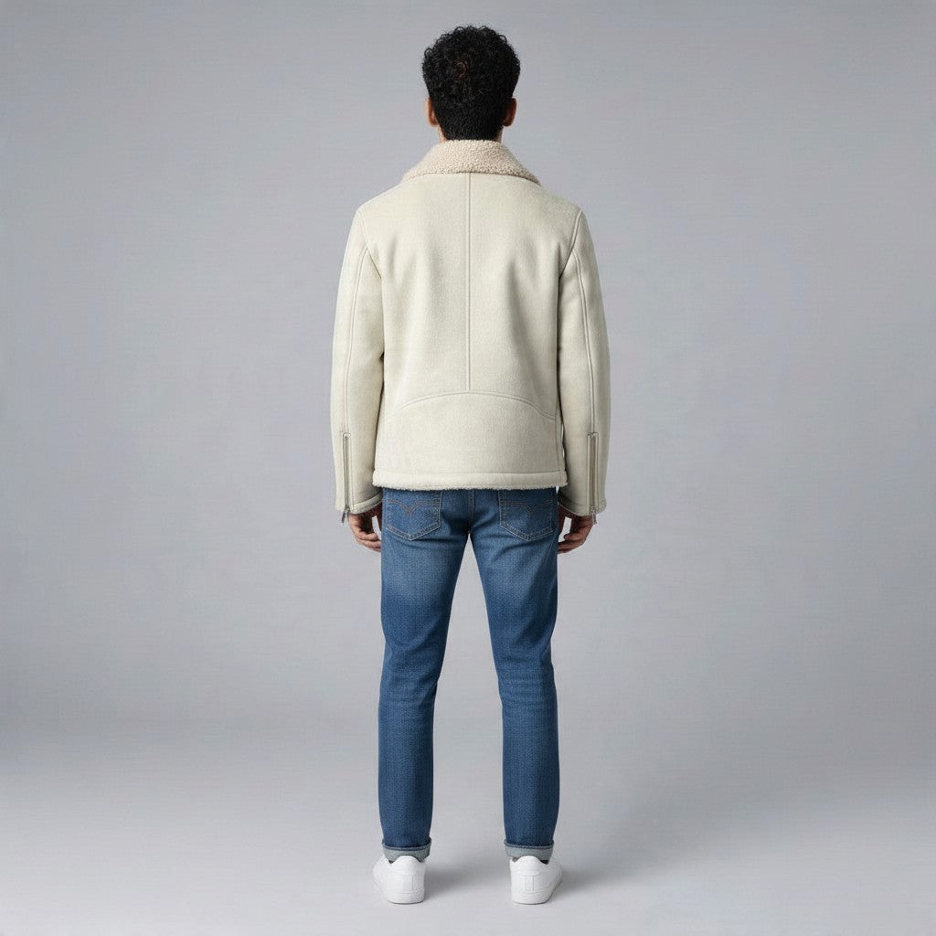 Rückansicht eines Mannes in einer beigen Poolman Jacke in Wildlederoptik mit Teddykragen und blauen Jeans