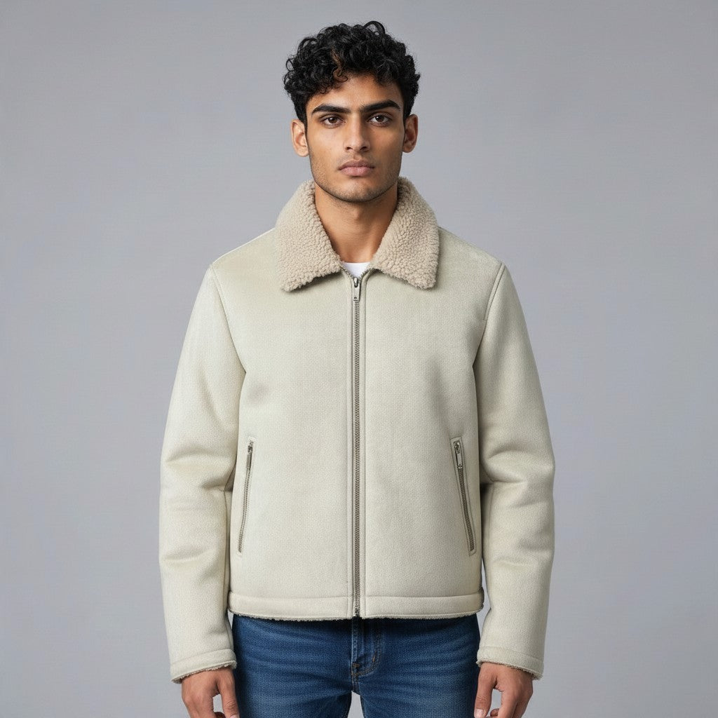 Poolman Jacke in hellem Beige mit Teddykragen und Reißverschluss, getragen von einem Mann vor grauem Hintergrund.