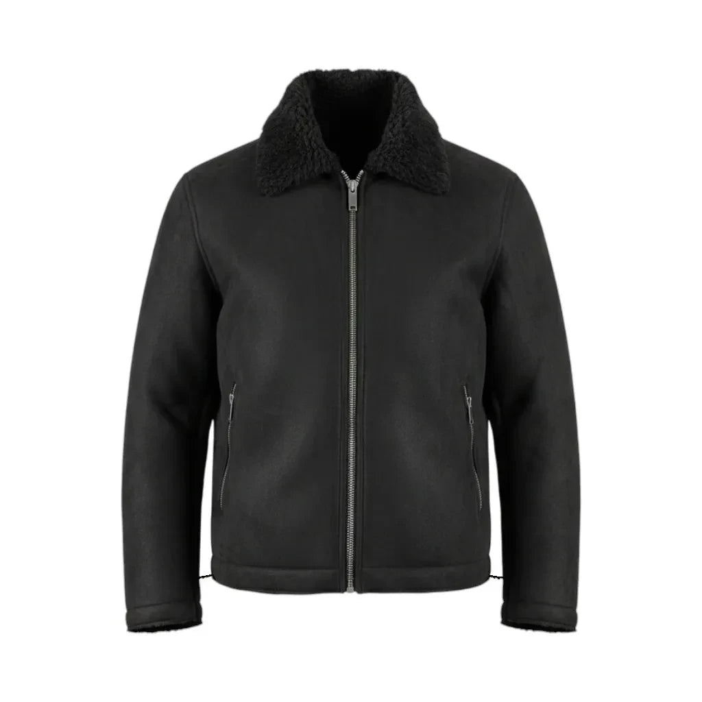 Schwarze Poolman Jacke in Wildlederoptik mit kuscheligem Teddykragen, Frontreißverschluss und Paspeltaschen.