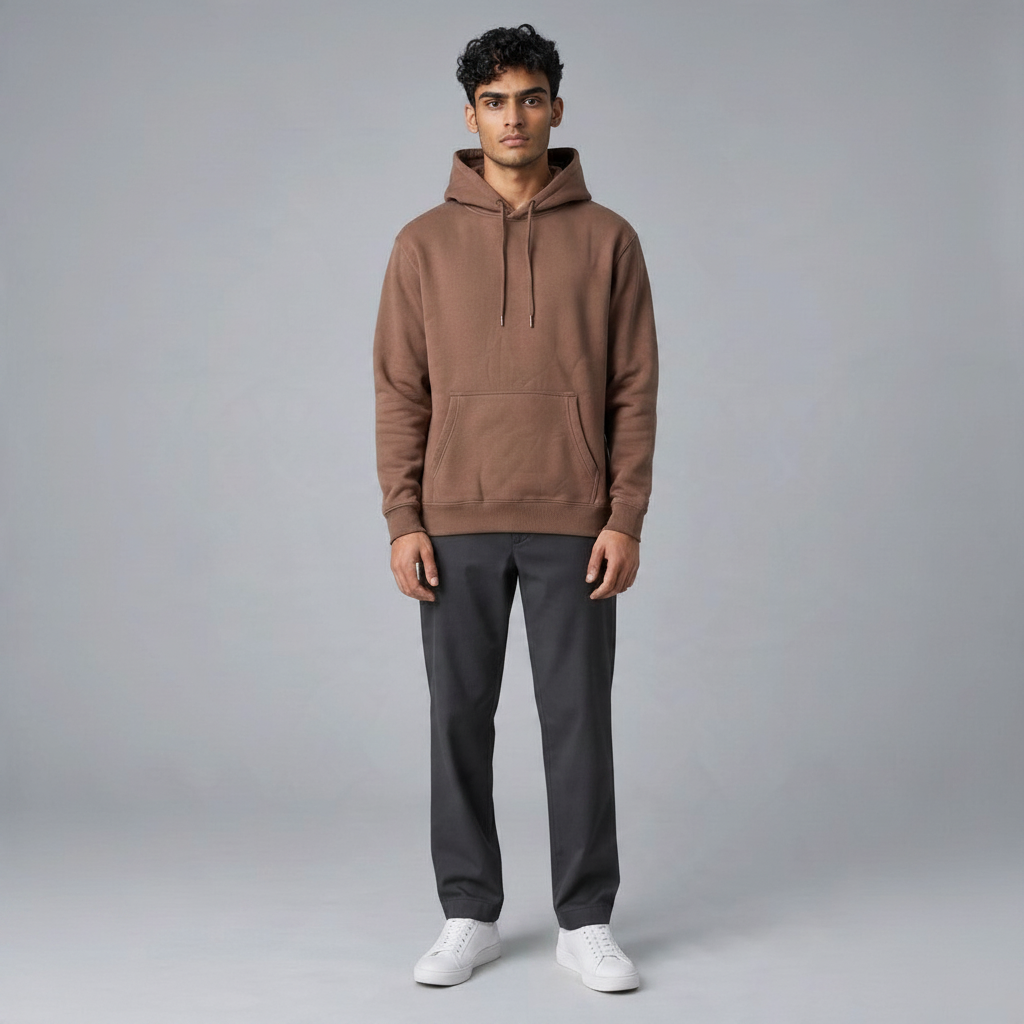 Poolman Oversize-Hoodie in Dunkelbraun mit Kapuze und Kängurutasche, getragen von einem Model vor grauem Hintergrund