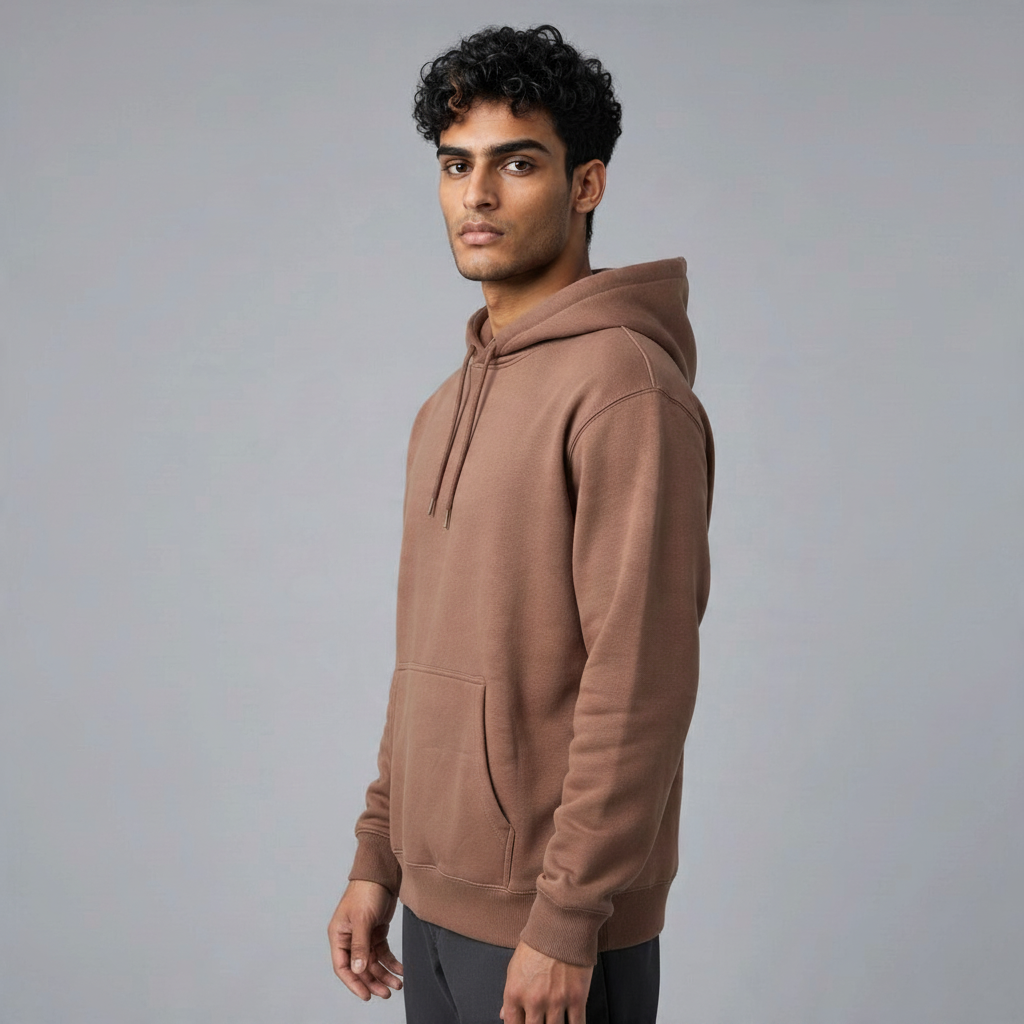 Poolman Oversize-Hoodie in Dunkelbraun mit Kapuze und Kängurutasche an einem Model vor grauem Hintergrund