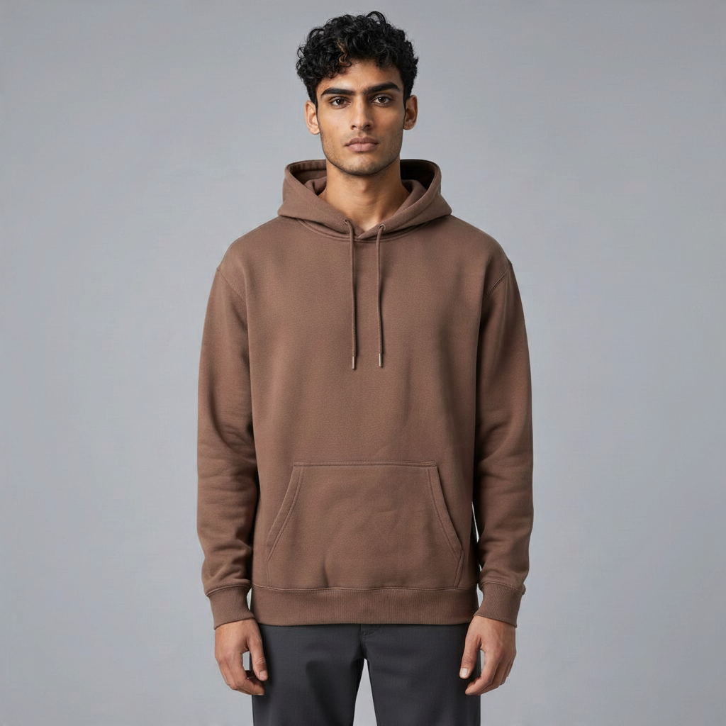 Poolman Oversize-Hoodie in Dunkelbraun mit Kapuze und Kängurutasche an einem Model vor grauem Hintergrund