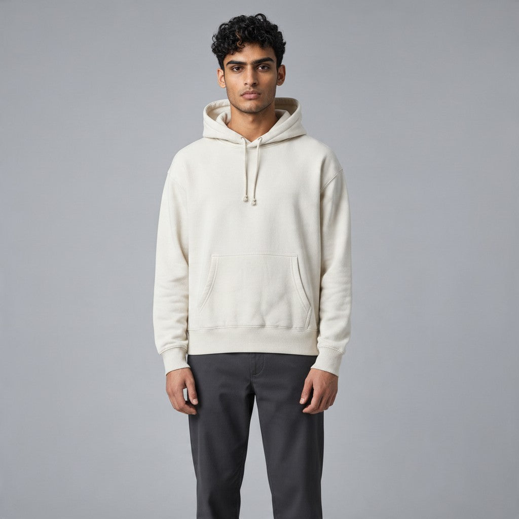 Poolman Oversize-Hoodie in hellem Grau mit Kapuze, Kordelzug und Kängurutasche an einem männlichen Model