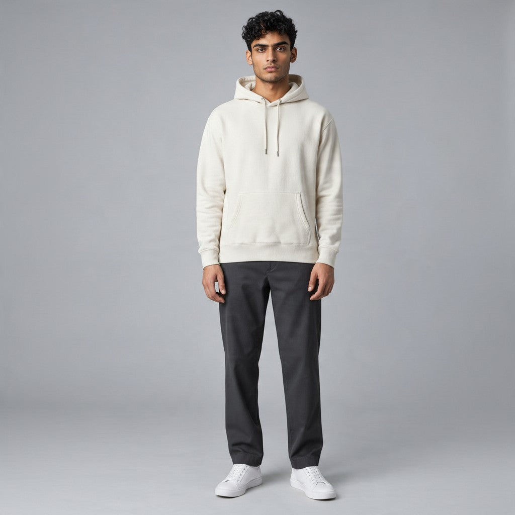 Poolman Oversize-Hoodie in hellem Grau mit Kapuze, Kordelzug und Kängurutasche, getragen von einem Model.