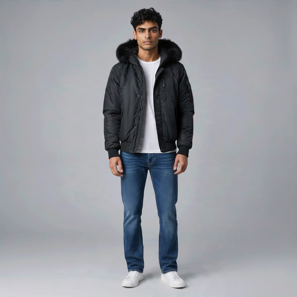 Poolman Bomberjacke in Schwarz mit Fellkapuze, Rippbündchen und Ärmeltasche an einem Model mit Jeans und T-Shirt