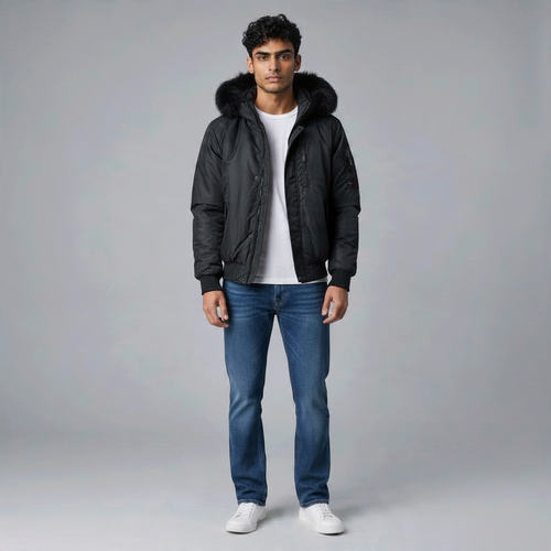 Poolman Bomberjacke in Schwarz mit Fellkapuze, Rippbündchen und Ärmeltasche an einem Model mit Jeans und T-Shirt