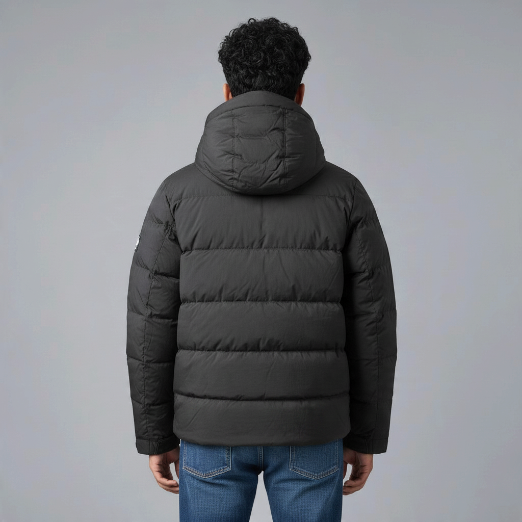 Rückansicht der schwarzen Poolman Winterjacke mit Kapuze und matter Oberfläche, getragen von einem Mann
