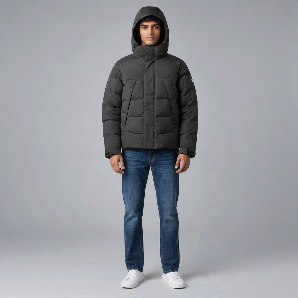 Model trägt eine schwarze, wattierte Poolman Winterjacke mit Kapuze, hohem Kragen und matter Oberfläche.