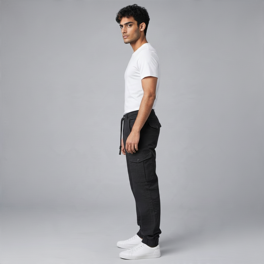 Poolman Cargo Jogger in Schwarz aus Stretch-Baumwolle mit Cargotaschen und Bündchen an einem Model in Seitenansicht