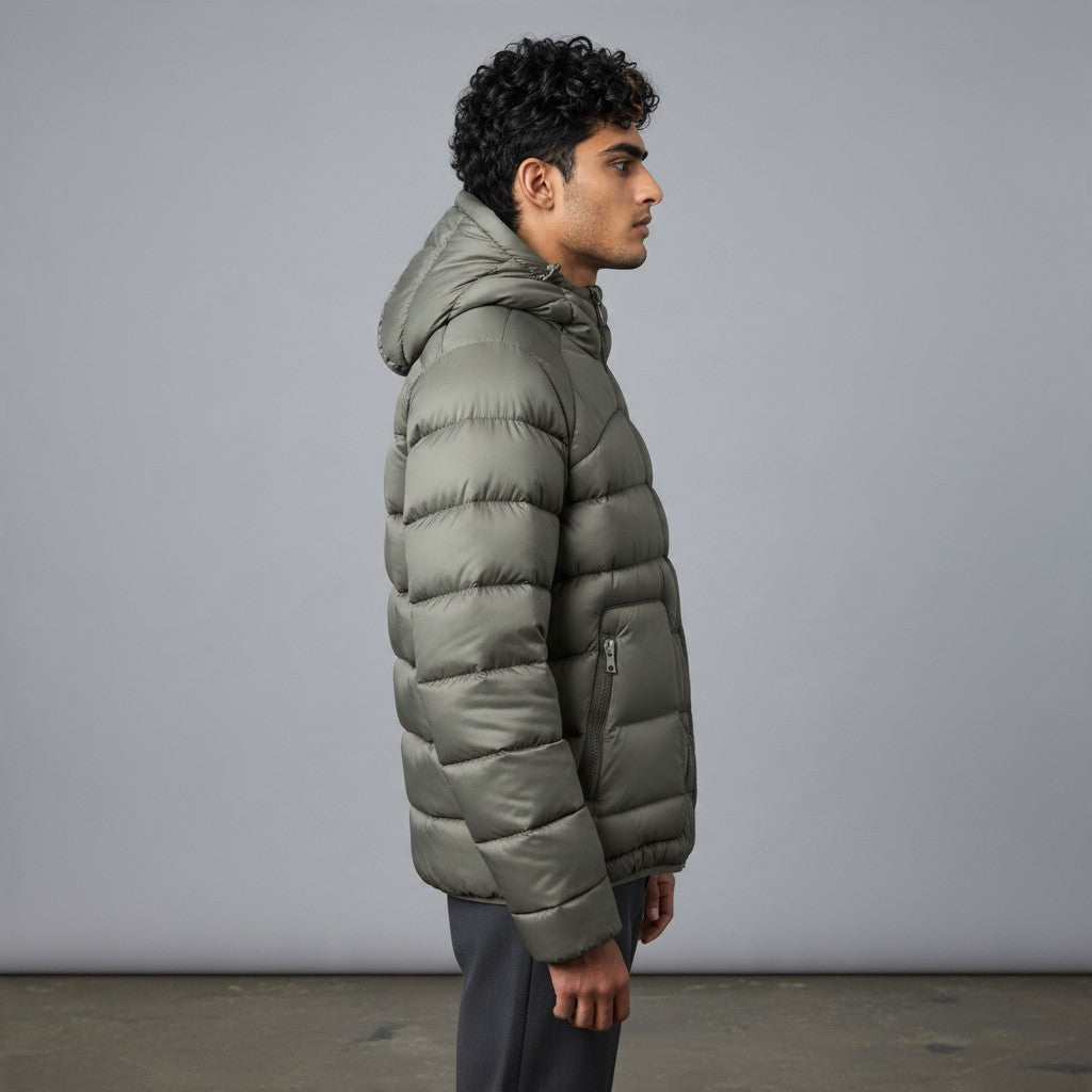 Poolman Steppjacke in Army-Grün mit Kapuze und Reißverschlusstaschen, getragen von einem Mann im Profil.