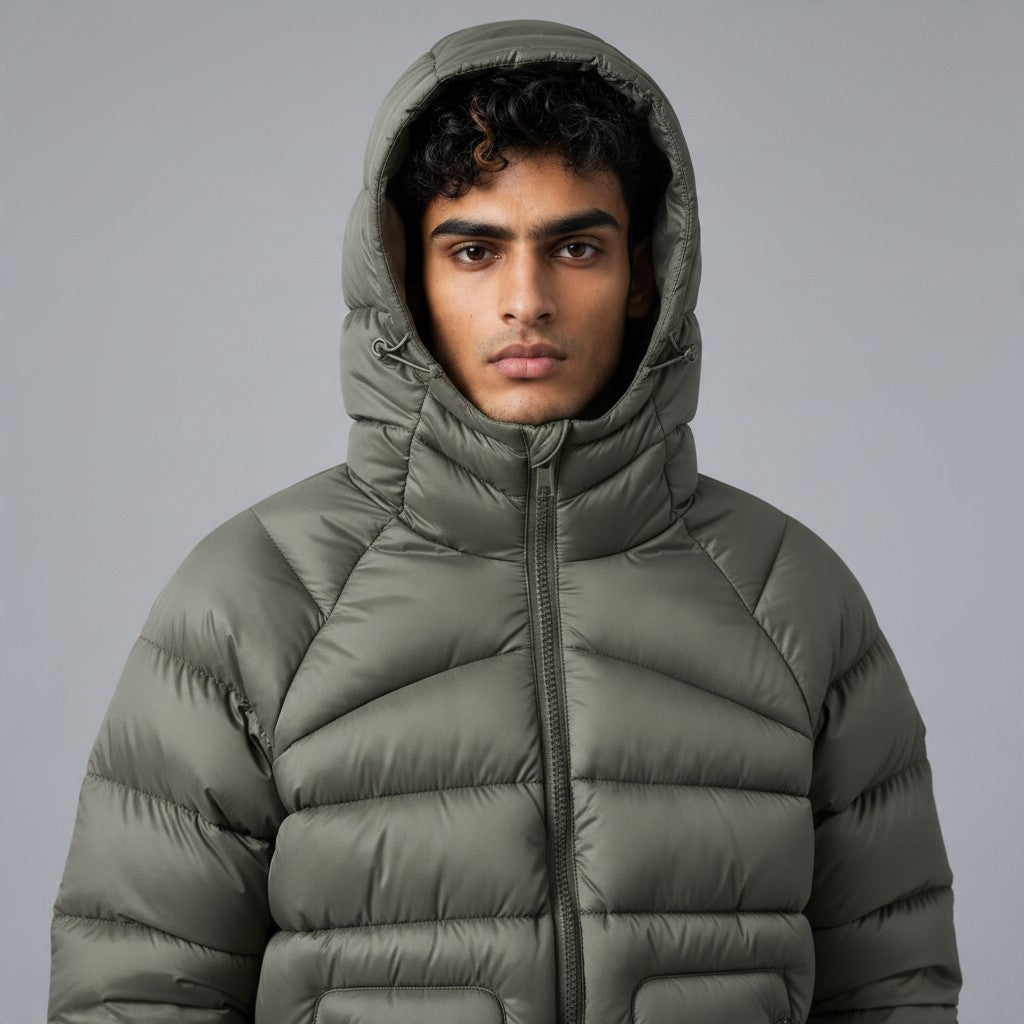 Poolman Steppjacke in Army-Grün mit Kapuze und glänzender Oberfläche, getragen von einem jungen Mann