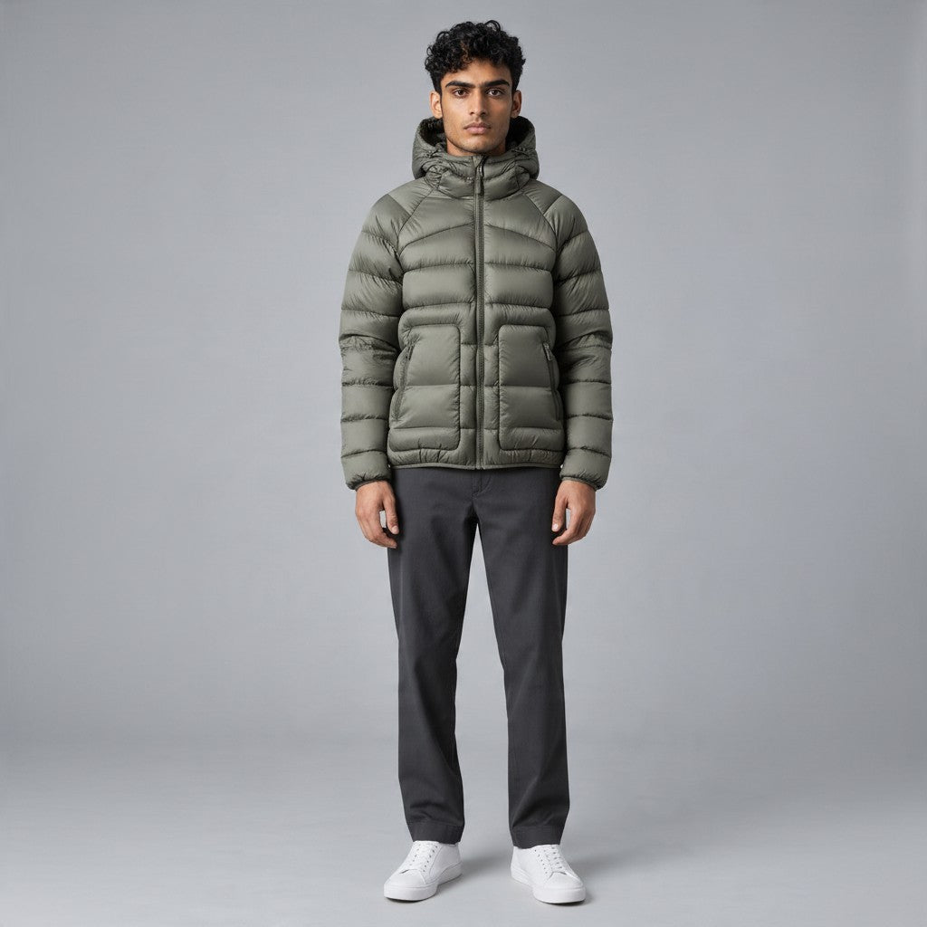 Poolman Steppjacke in Army-Grün mit Kapuze, glänzender Oberfläche und großen Fronttaschen an einem Model