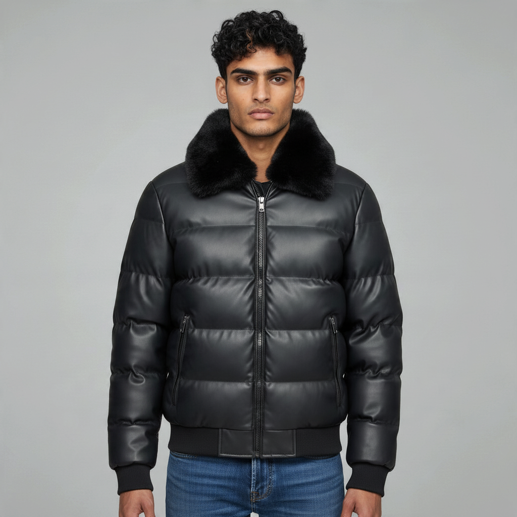 Poolman Steppjacke in schwarzer Lederoptik mit großem Fellkragen, Bomber-Schnitt und Rippbündchen an einem Model.