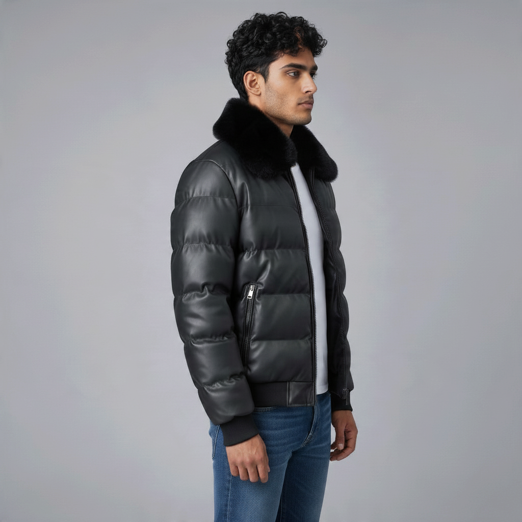 Poolman Steppjacke in schwarzer Lederoptik mit Fellkragen und Rippbündchen an einem Model im Profil