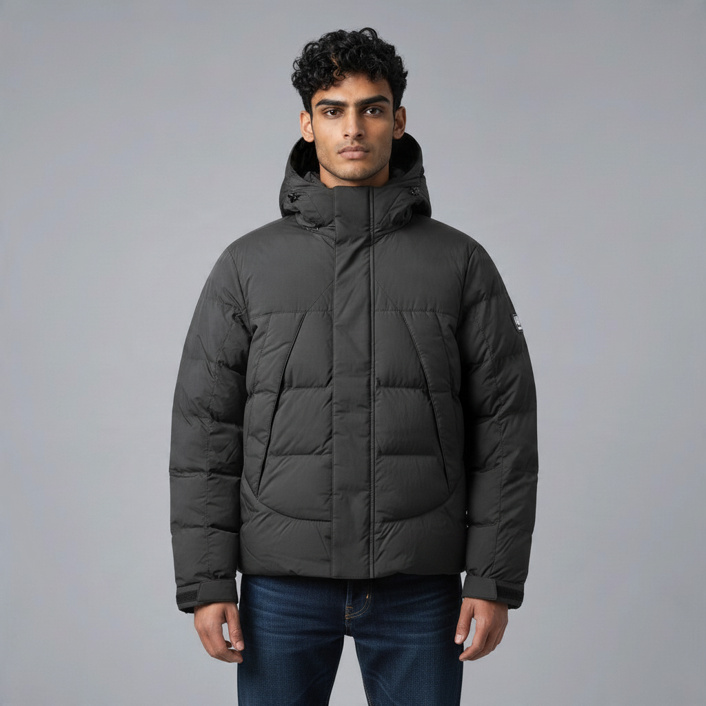 Ein Model trägt eine dunkelgraue, wattierte Poolman Winterjacke mit Kapuze, hohem Kragen und matter Nylon-Oberfläche.
