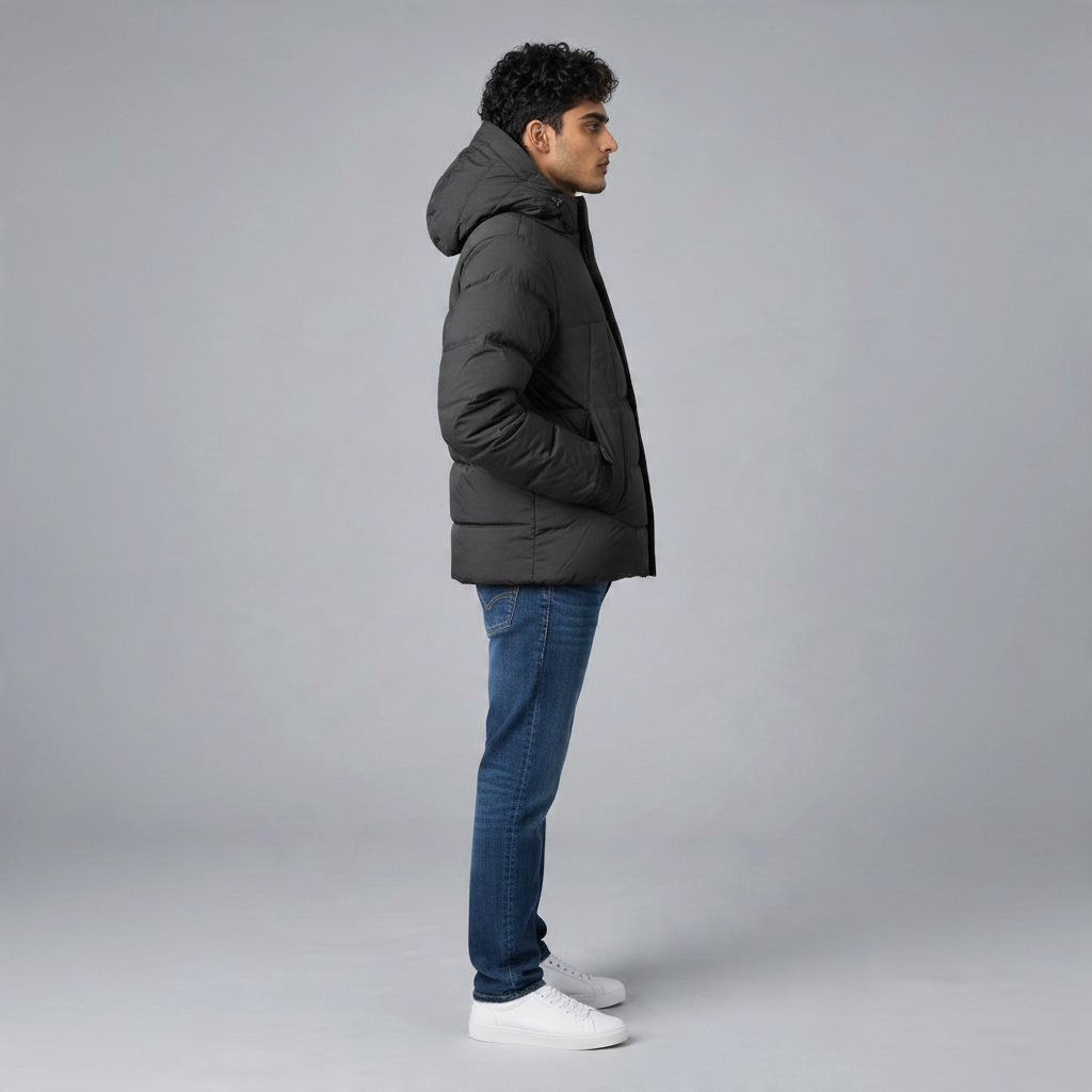 Poolman wattierte Winterjacke in Schwarz mit Kapuze und mattem Nylon-Finish, getragen von einem Mann im Profil