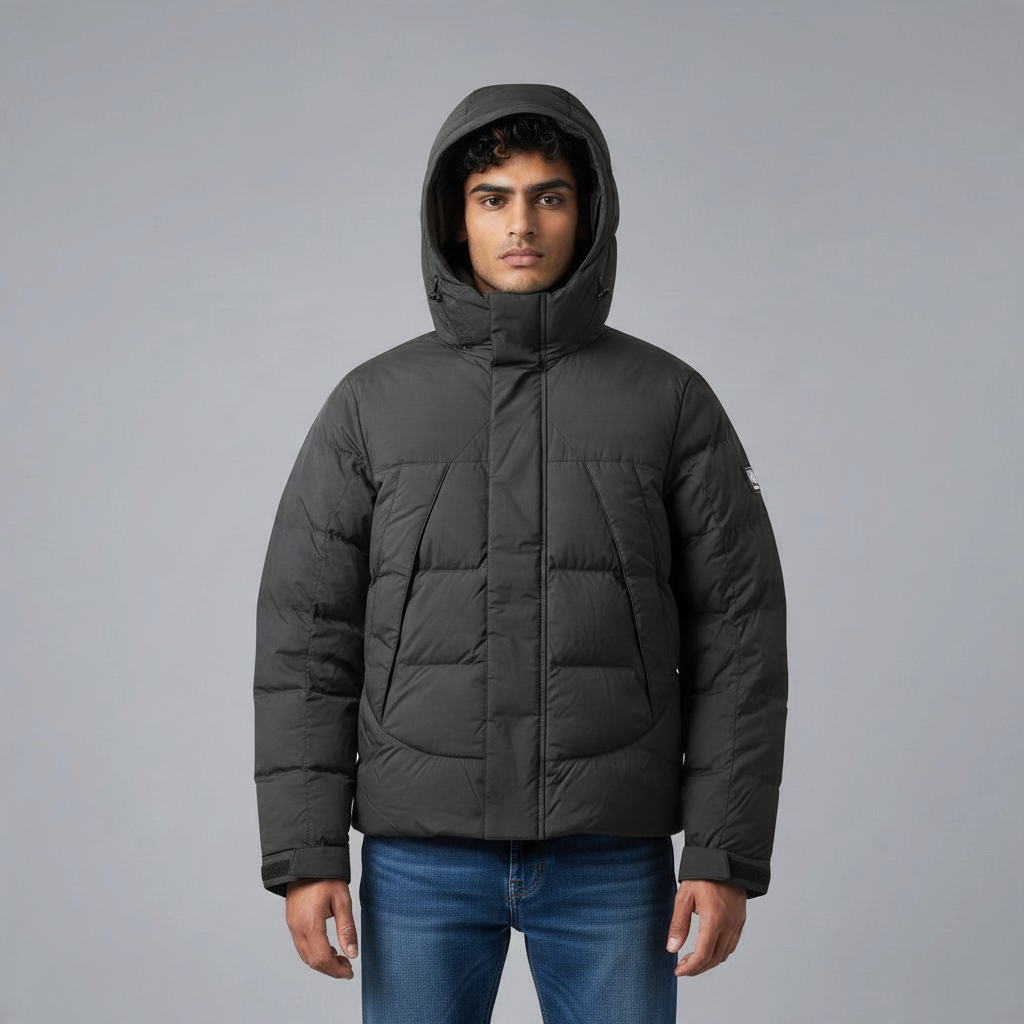 Poolman wattierte Winterjacke in Schwarz mit Kapuze, hohem Kragen und Fronttaschen an einem Model